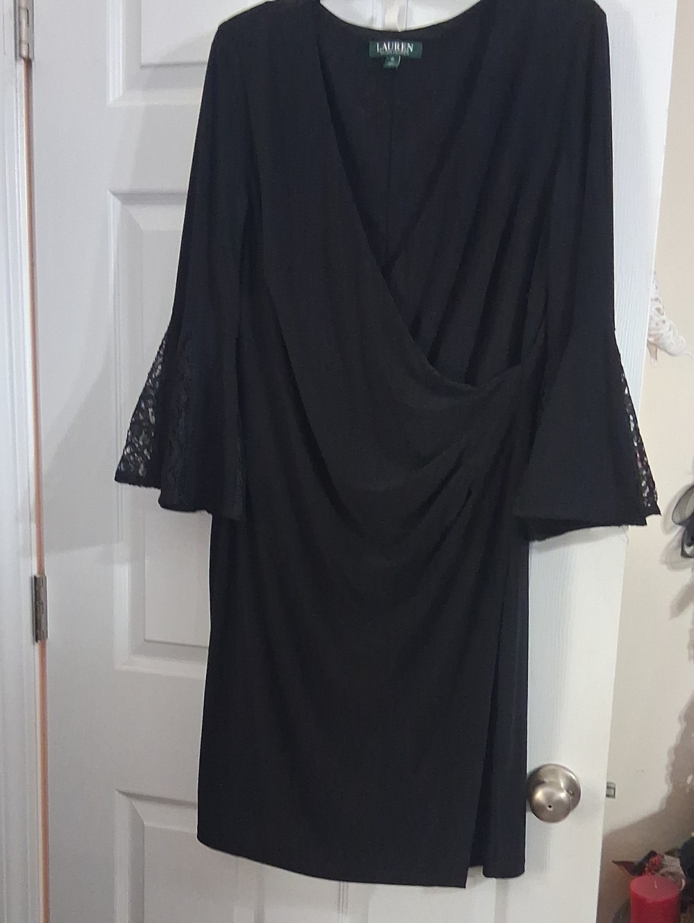 Lauren Ralph Lauren Black Draped Wrap Midi Dress with Lace Bell Sleeves